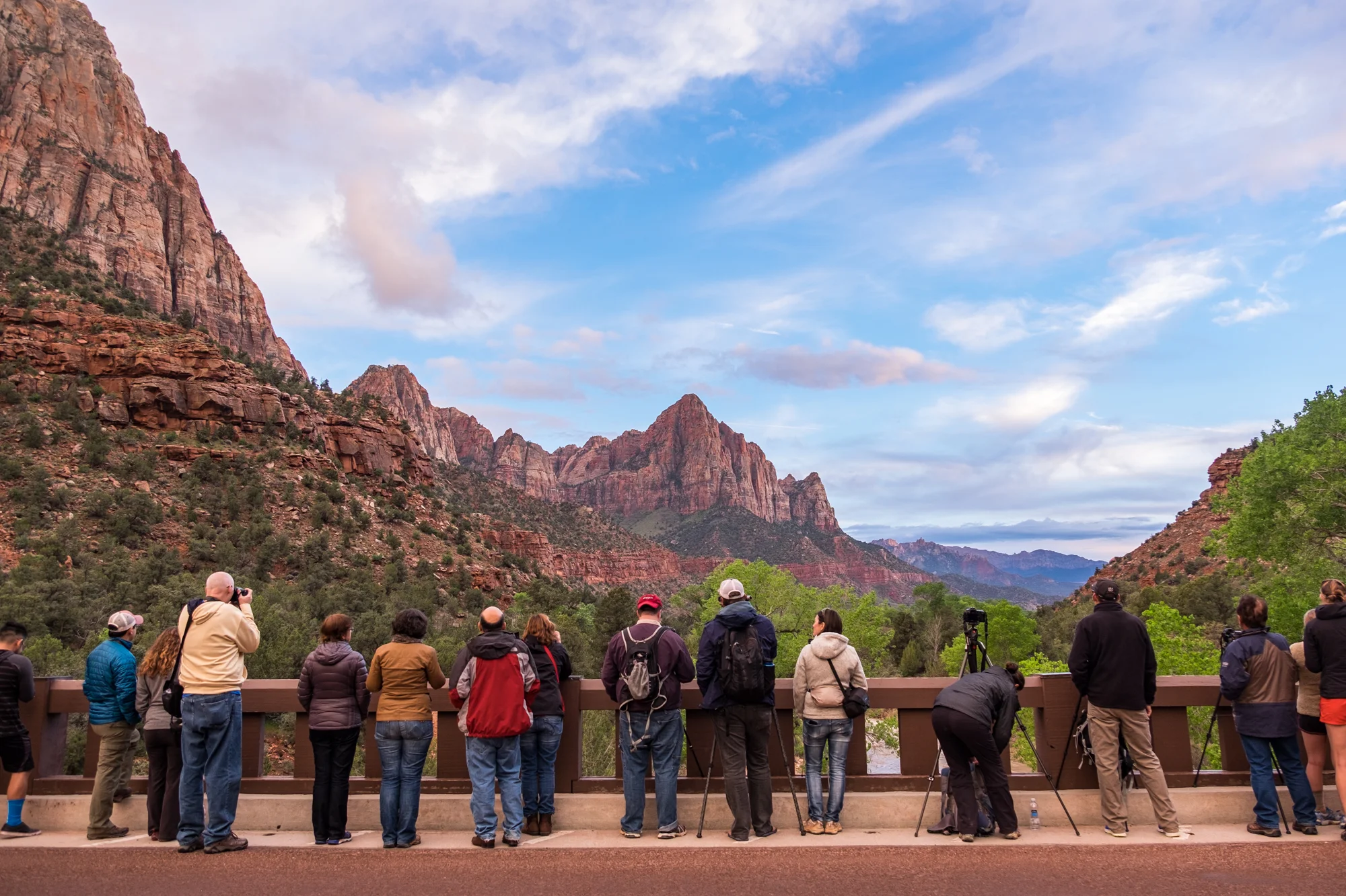 Photographers line up to photograph the Watchman at sunset. Can you spot Jonny? He nabbed the best spot on the bridge!