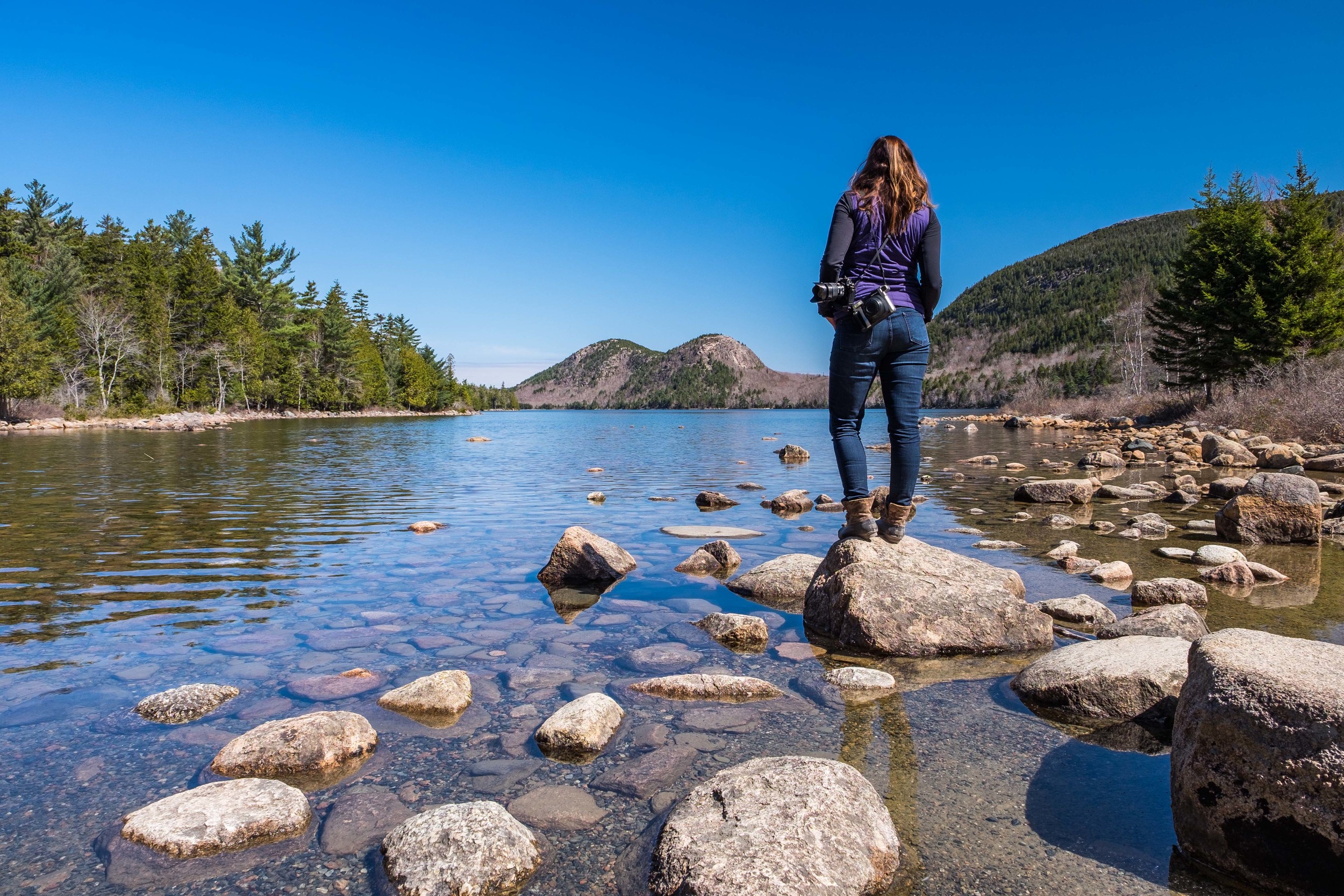 Stef hangs out at the start of the Jordon Pond Shore Trail, with a view of "The Bubbles" in the background. 