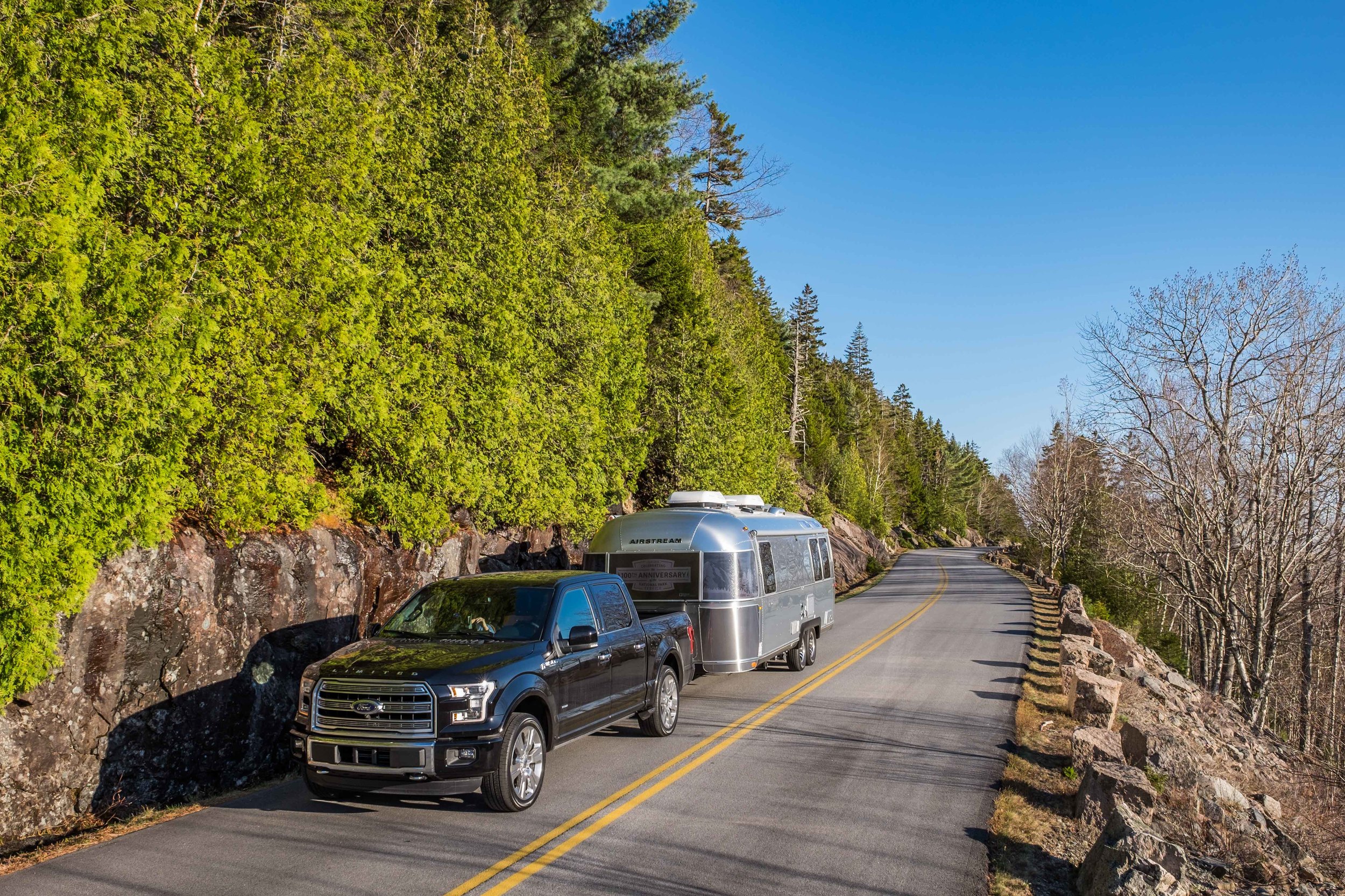 Our home and ride for a week while in Acadia -- the Pendleton Limited Edition Airstream and Limited Edition Ford F-150 tow vehicle pulls us along Park Loop Road. 