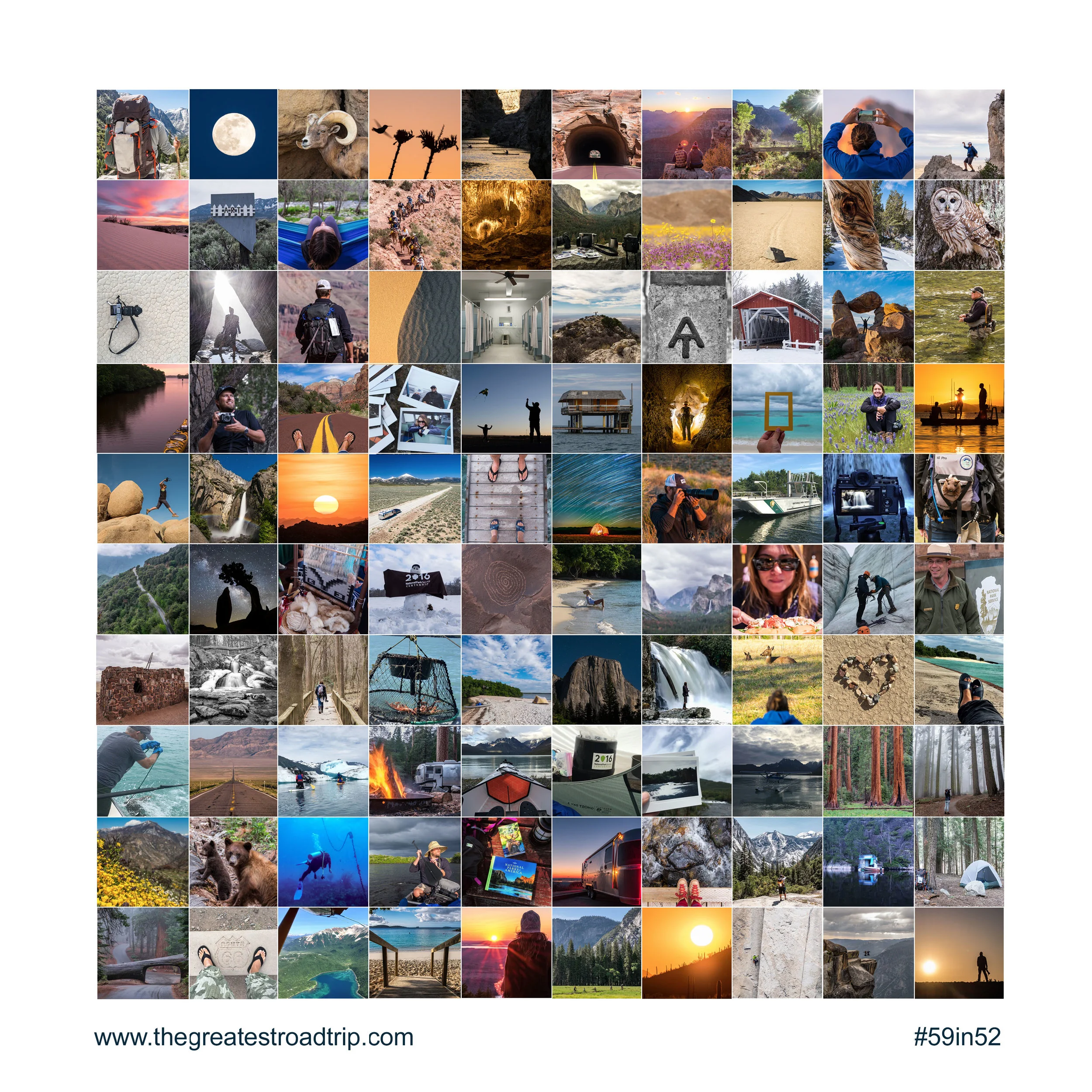 A sample of 100 experiences we've had in 37 national parks this year...ordered below as can be seen line by line, left to right. 