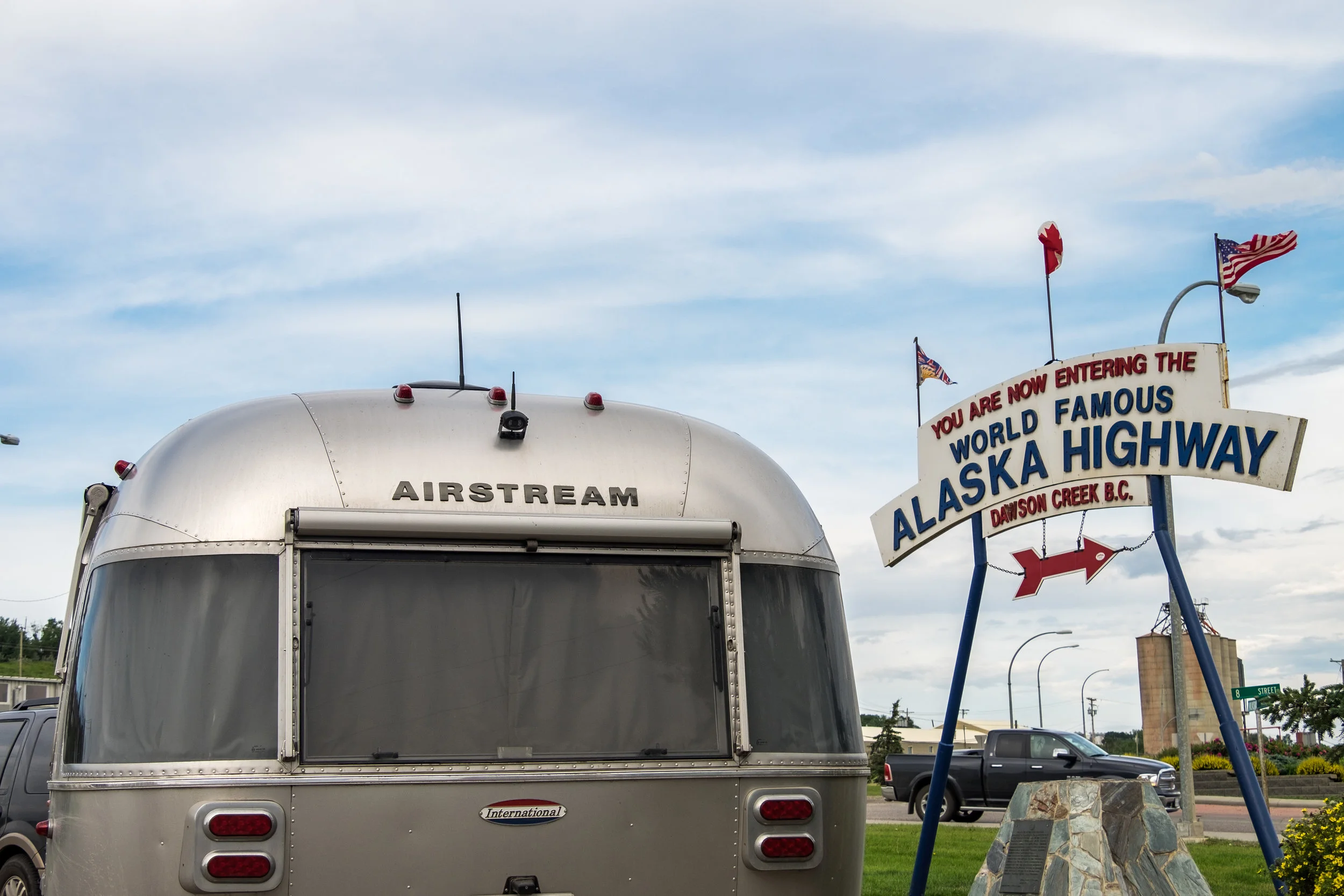 Wally strikes a pose near the start of the Alaska Highway in Dawson Creek, British Columbia. 