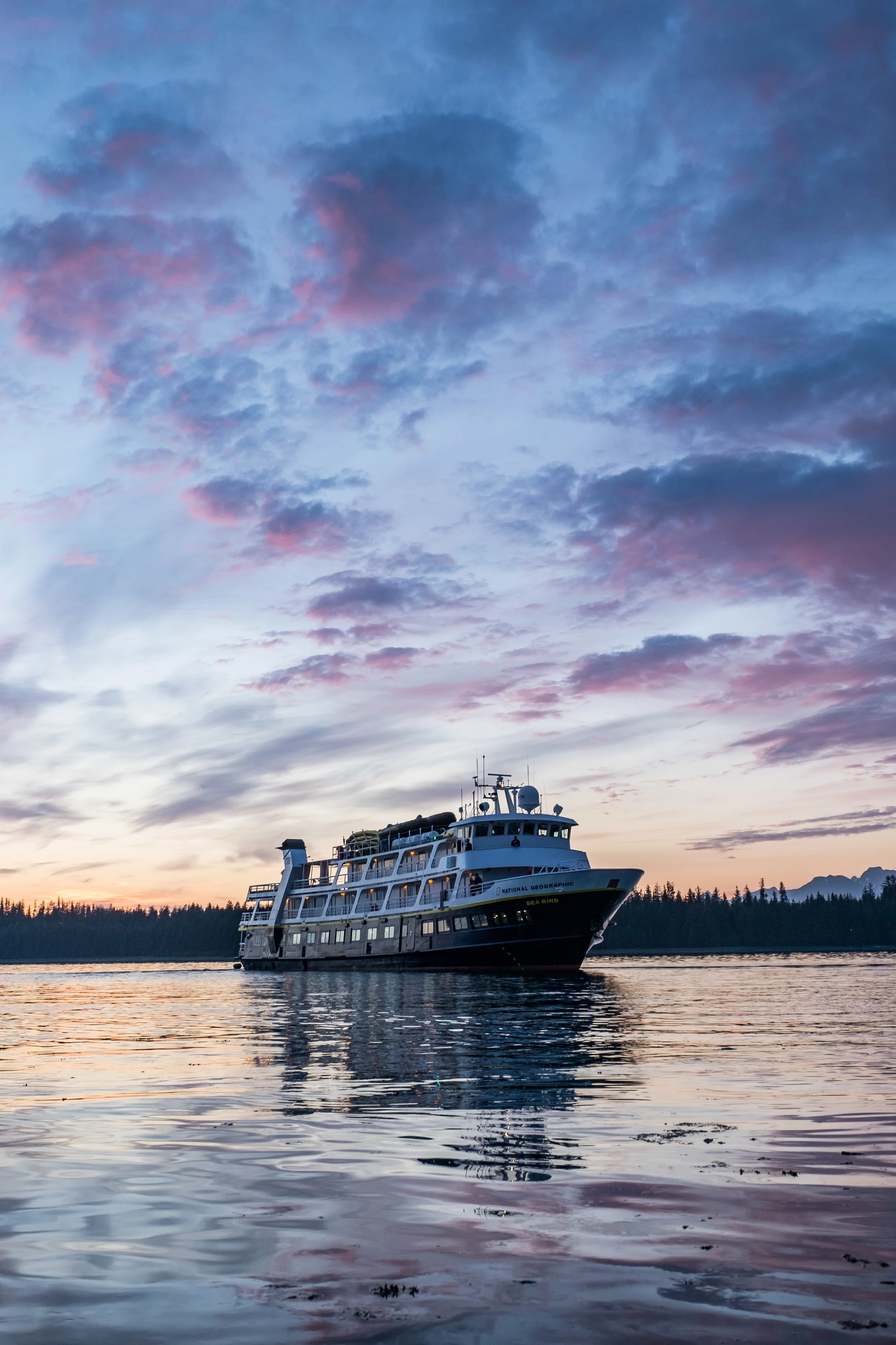 The National Geographic Sea Lion docked in Bartlett Cove in the heart of Glacier Bay. NatGeo provides an 8-day cruise from Seattle through the Inside Passage and into Glacier Bay (and elsewhere) bringing you into the fold of Glacier Bay's wildlife and dynamic glaciers. 