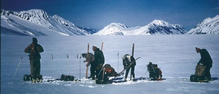 In 1968 a party of seven made the first documented traverse of the Harding Icefield. Traveling west to east on skis and snowshoes, the party made the crossing in seven days, completing their traverse at the appropriately named, Exit Glacier. NPS / Dave Spencer