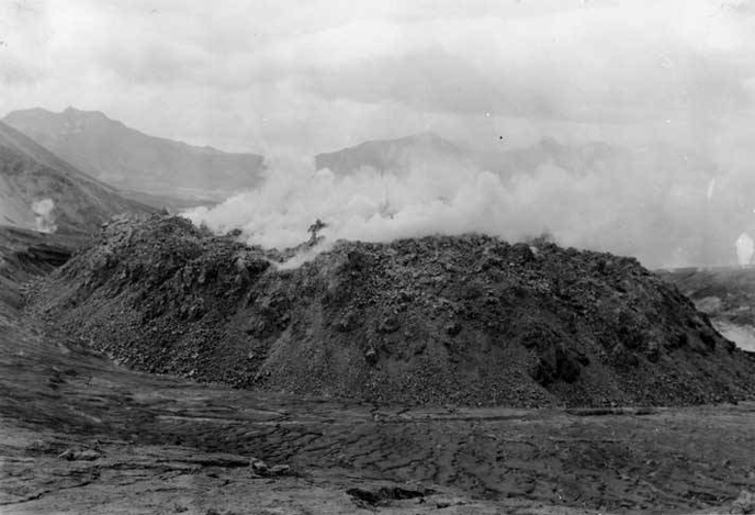 Steam rises from the Novarupta lava dome in 1918. Novarupta remains one of the many worthwhile destinations in the Valley of Ten Thousand Smokes. Credit: National Geographic Society Katmai expeditions photographs, Archives and Special Collections, Consortium Library, University of Alaska Anchorage.