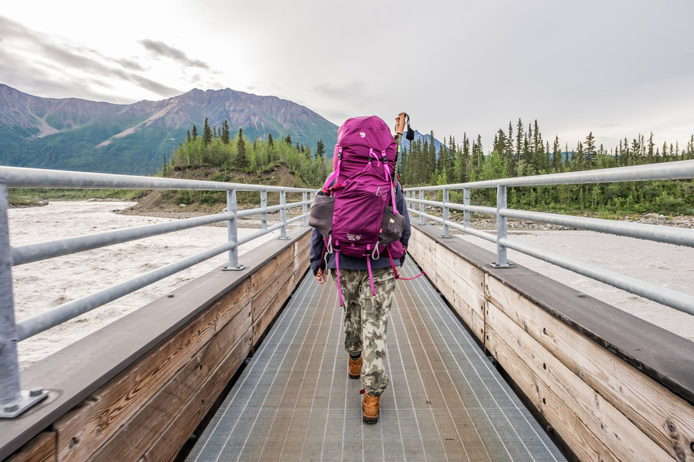  Heading over the foot bridge to McCarthy after our drive in, ready to hit backcountry!&nbsp; 