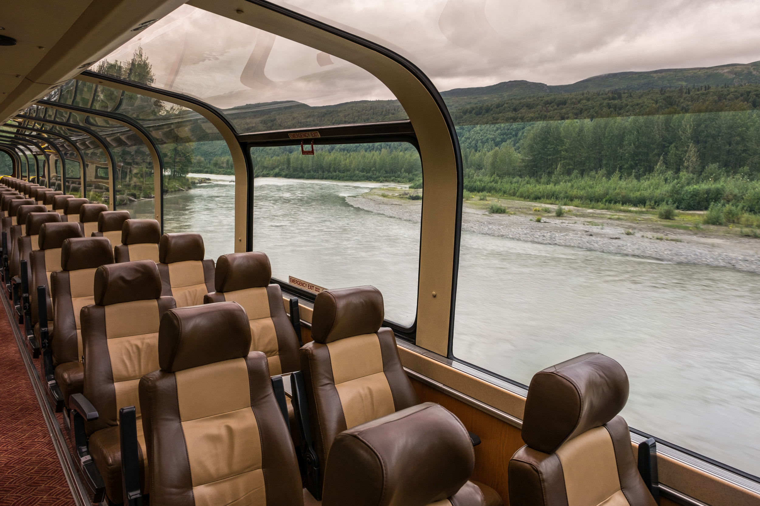  Inside the dome car of the Wilderness Express while traveling the Alaska Railway. 