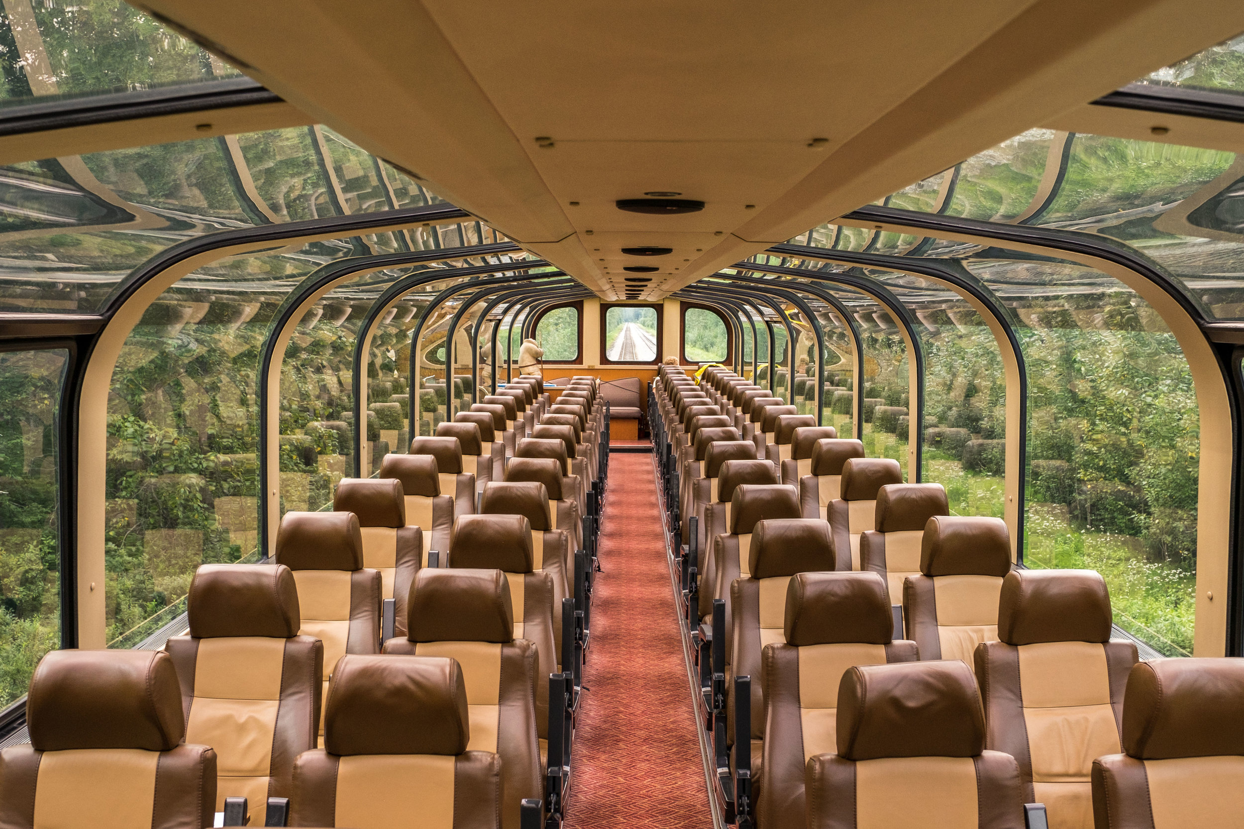  The glass ceiling dome car in the Wilderness Express Train allows for views of the Alaska wilderness in every direction.&nbsp; 