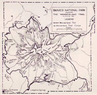 A map of the Wonderland Trail, from a 1921 Rainier National Park Company publicity brochure. The map shows the location of campsites for the company's saddle and pack horse outings around the mountain. Note that the indicated route crosses directly over the Winthrop Glacier. NPS Archives