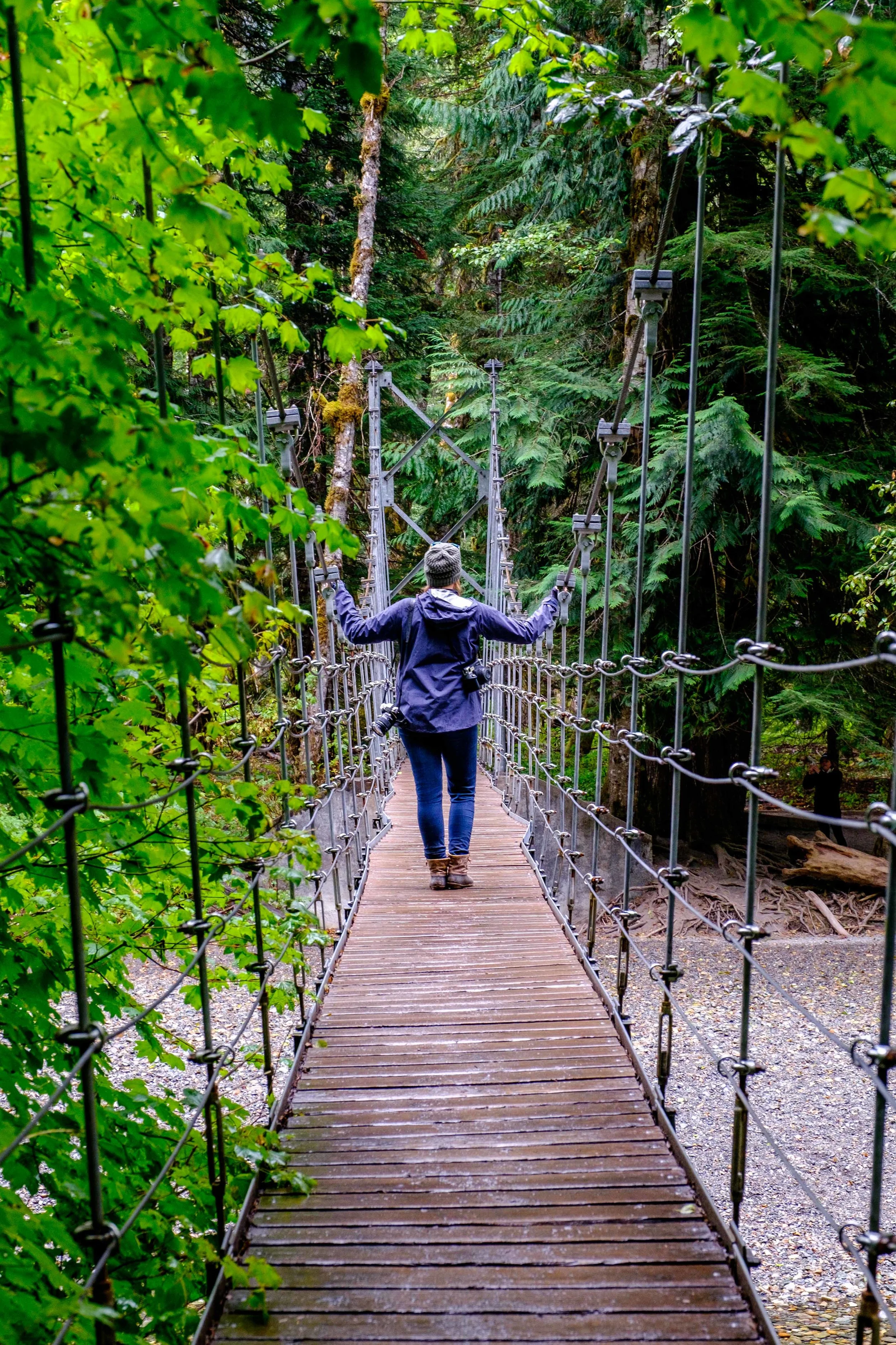 Crossing the Ohanapecosh River suspension bridge along the Grove of the Patriarchs trail... in search of thousands-of-years-old trees at the trails end. 
