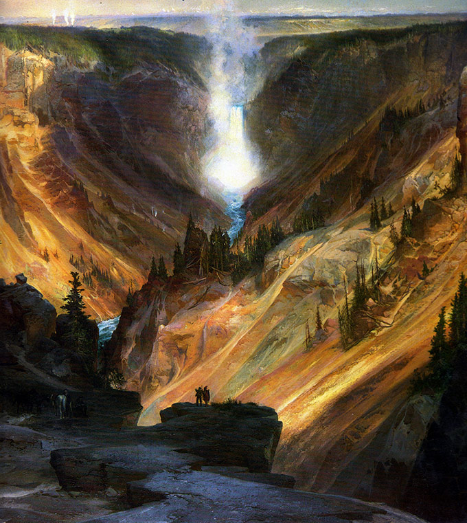 Although Yellowstone had been thoroughly tracked by tribes and trappers, in the view of the nation at large it was really “discovered” by formal expeditions. The art of Thomas Moran helped promote national interest in Yellowstone. Credit: NPS / Thomas Moran, YELL 8536