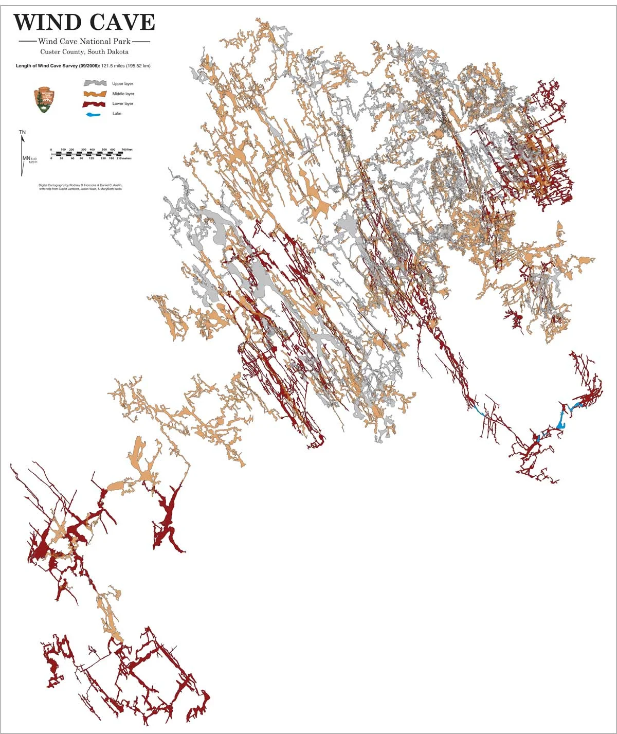 This map was created by the National Speleological Society and the National Park Service in 2015. It shows all named passages and tour routes that existed at the time, covering 121 miles, organized by color depicting various levels. Today, there are 143.16 miles of mapped passages…a number that will continue to grow as the system is explored.