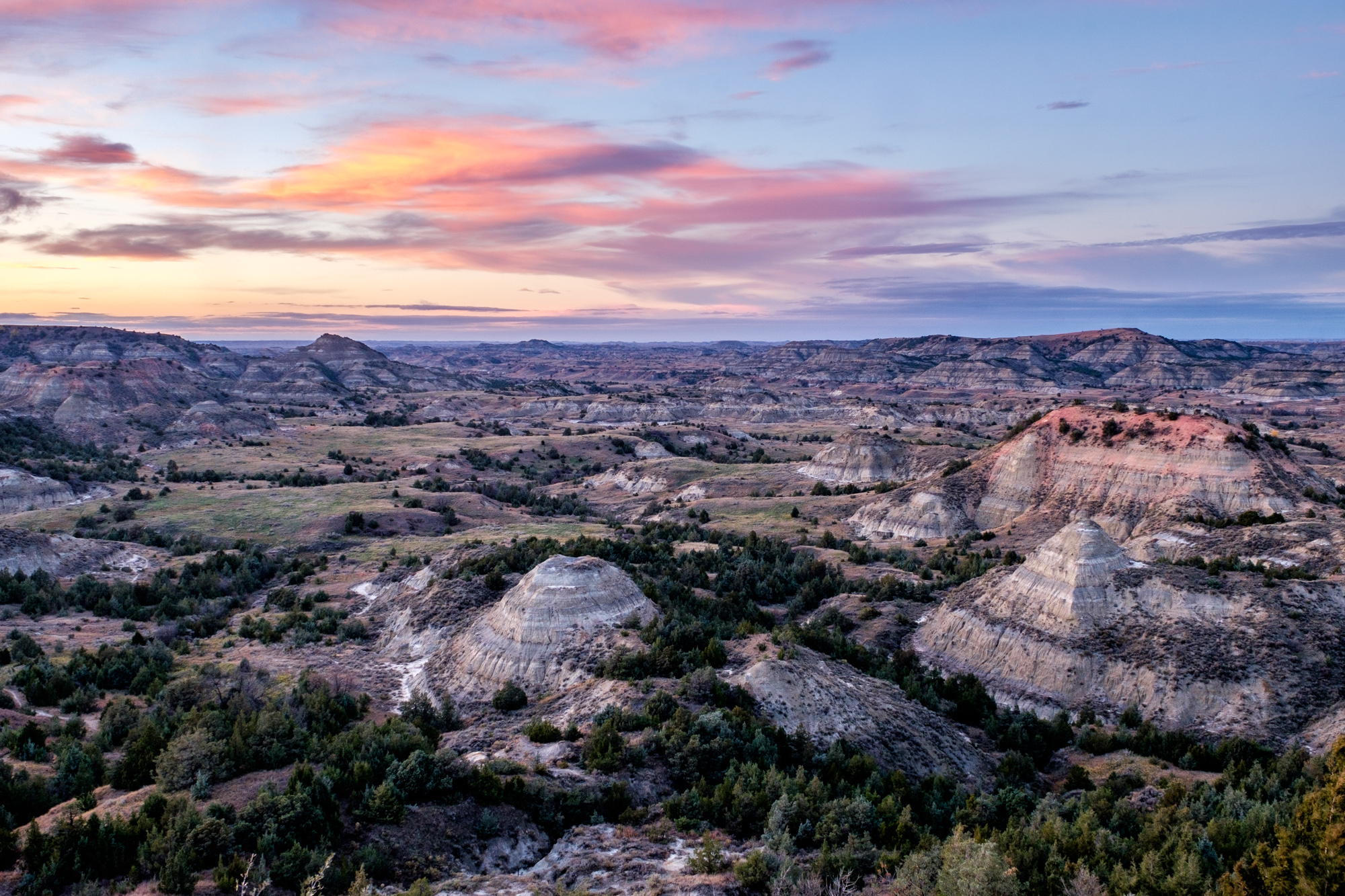 Colorful badland formations and forest at Painted Canyon in the south unit. 