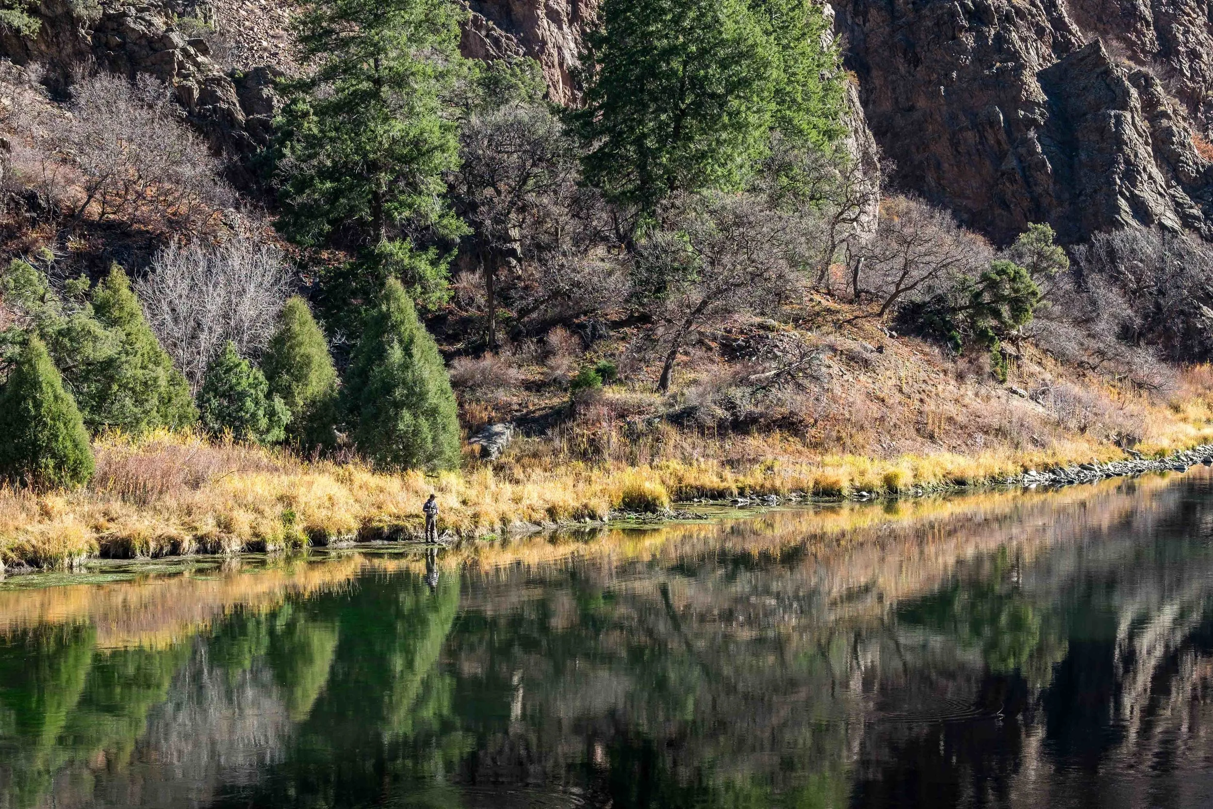 An angler drops a line into the Gunnison River at the bottom of the canyon in the Curecanti National Recreation Area , also managed by the U.S. National Park Service. 