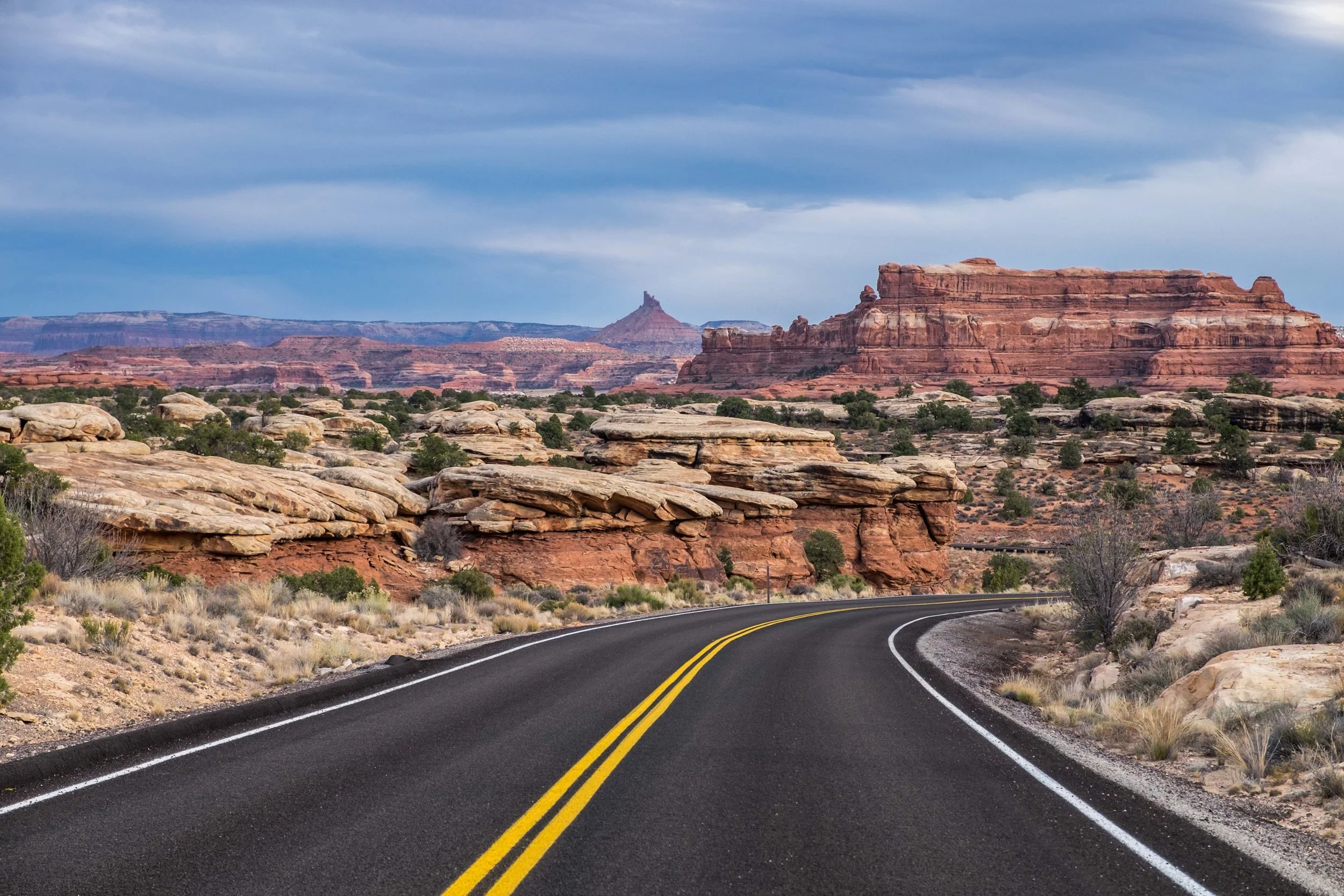 The paved park loop road in the Island of the Sky district provides easy passage into this popular area of the park. 