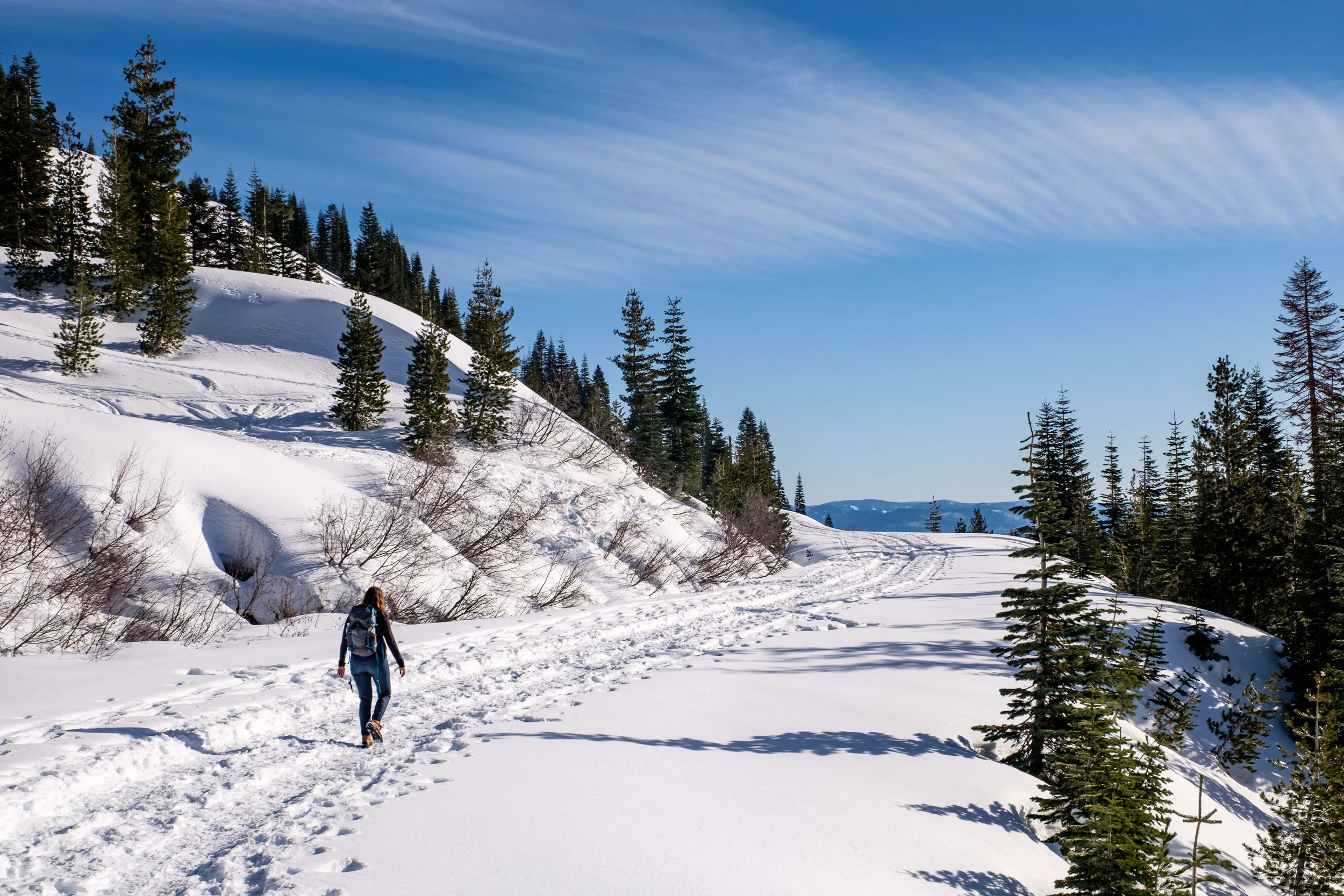 Setting forth on a snow-covered Lassen Volcanic National Park Scenic Highway from the Kohm Yah-mah-nee Visitor Center in Lassen Volcanic National Park.