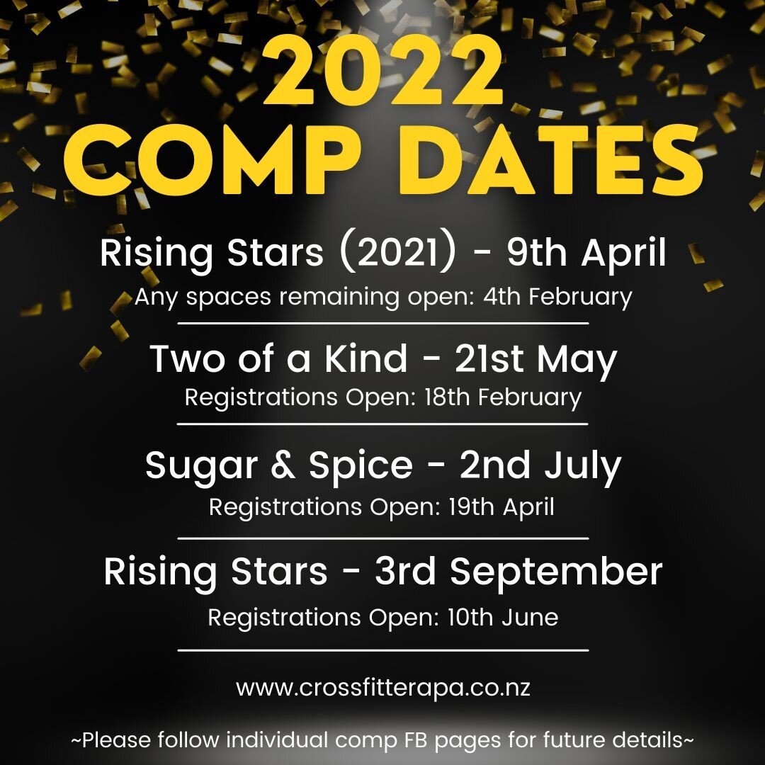 **2022 Comp Dates**
Book all our competition dates in your diary, get ready for registration day because we are BACK and we READY to go!!
~For future information on each individual comp please follow the competitions FB pages~
Thank you to everyone f