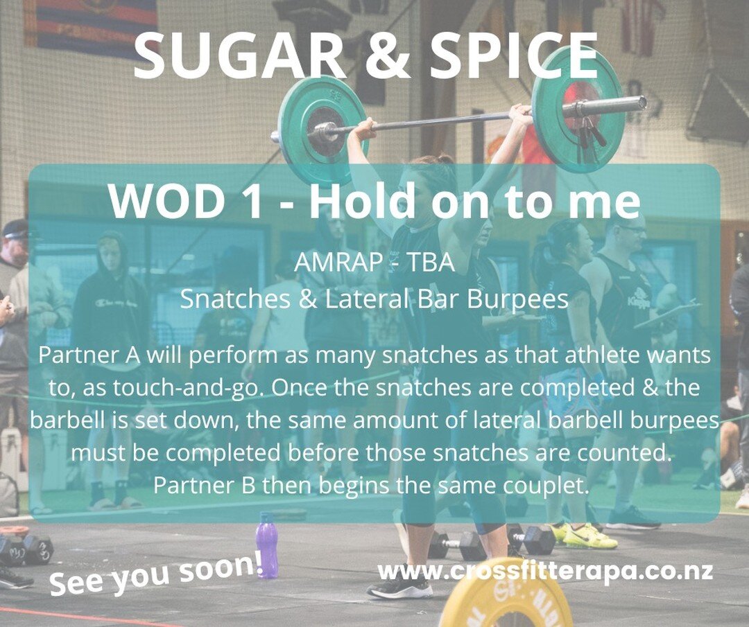 🥳WoD 1 is here : Hold on to me 🥳
How long is the AMRAP? Find out on Saturday! 😉
.
.
#sugarandspice2022 #mixedpairs #crossfitterapa #battlegroundeventsnz2022 #beginners #scaled #intermediate #rx #mastersrxandscaled