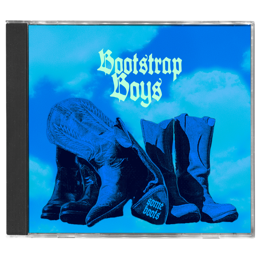 Blue background with images of two pairs of shoes and the text 'Bootstrapped Boys' above.