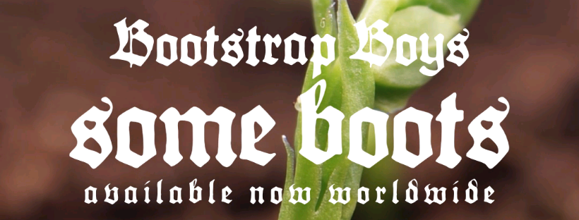 Close-up of a plant stem with white text overlay saying "Bootstrap Boys some boots available now worldwide"