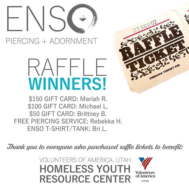 🥳 RAFFLE WINNERS BELOW!! 🥳

Thank you so much to everyone who donated last weekend and purchased raffle tickets to support the VOA Homeless Youth Resource Center!! The total donation amount will be posted soon! $150 ENSO Gift Card: Mariah R.
$100 E