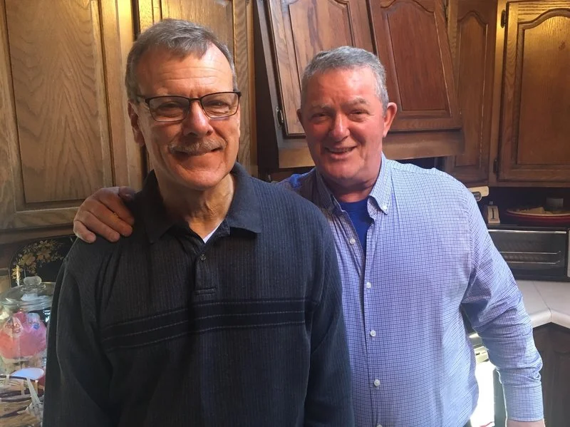 Senior Companion Bud Houghton (right) visits his client Bill Gates to take him out for a drive.