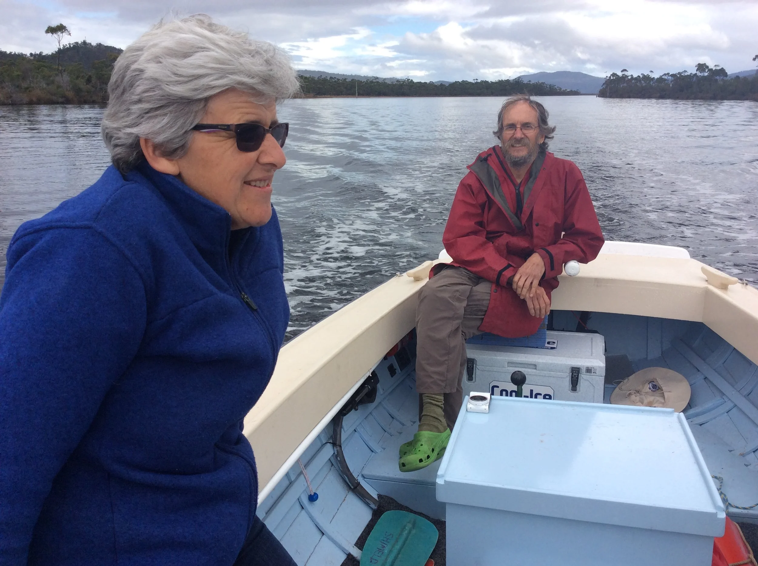 Peter and Sonia Shimeld on board Gemma for the parade of boats to begin the 2017 St Ayles Skiff Regatta