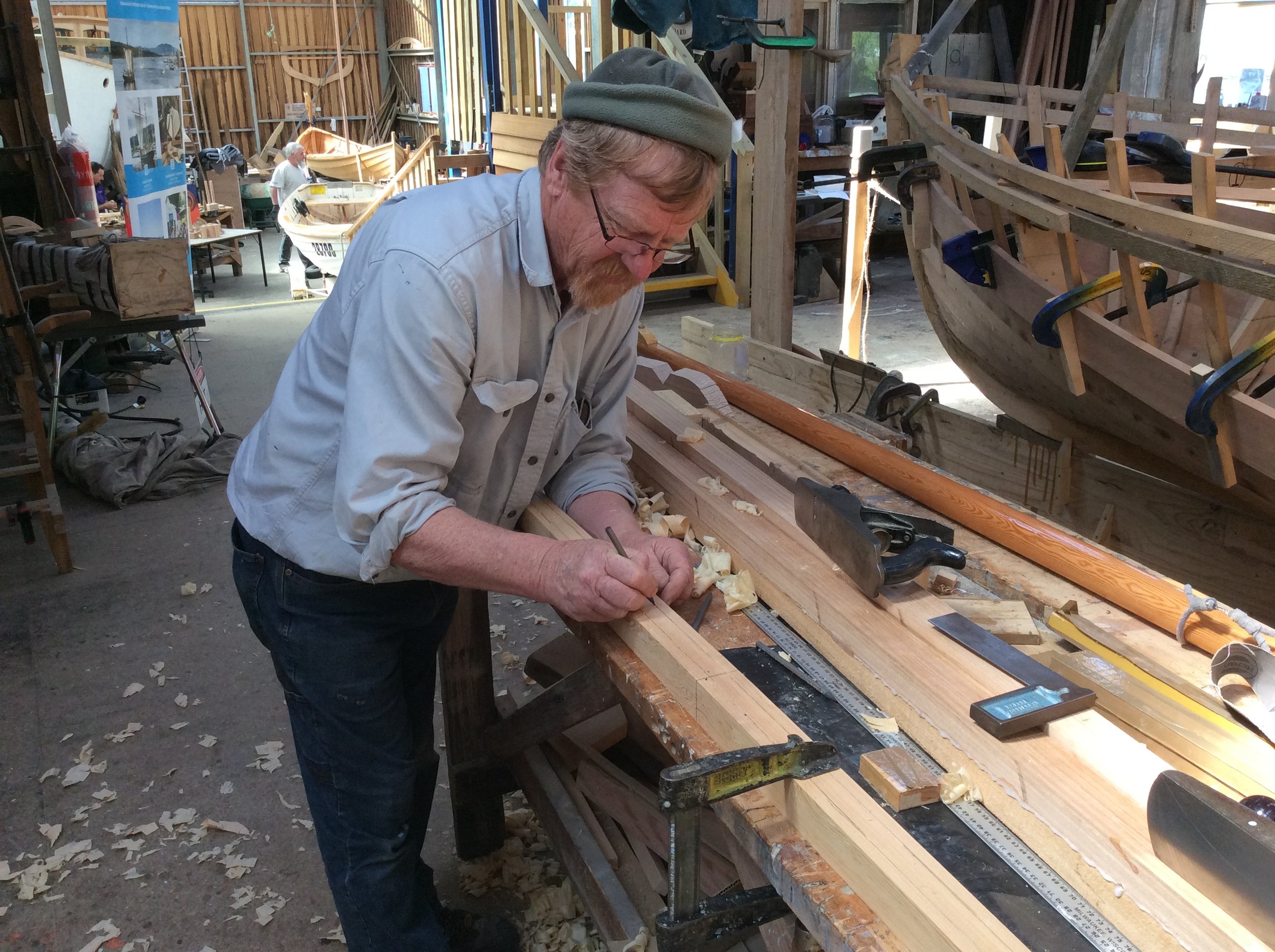 David marking out spars for his 'Percy' dinghy