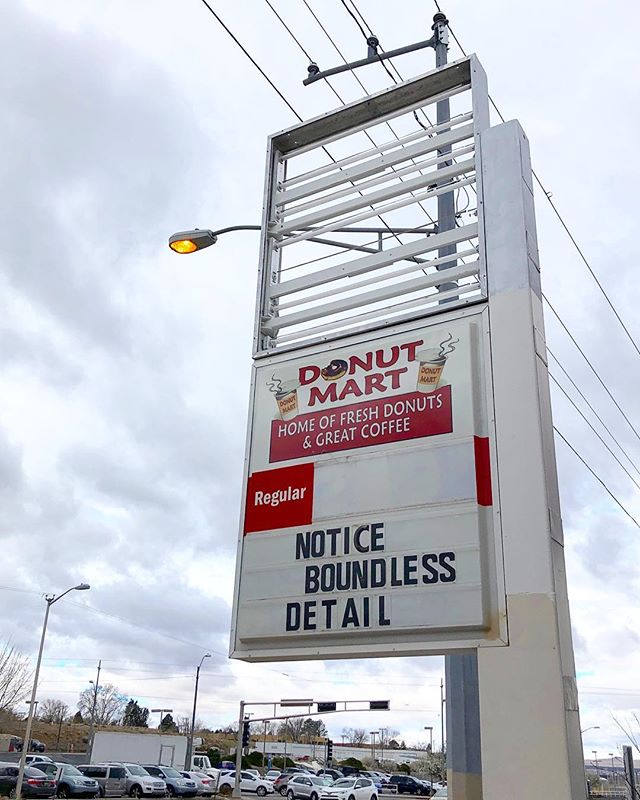 When we put this sign up, the main details we noticed were the wind and rain in our faces. 🌧 #abqweather @donutmart #abqarts #publicart #contemporaryart #textinspace #publicpoetry #albuquerque #unm #lomas #fos #orphansigns