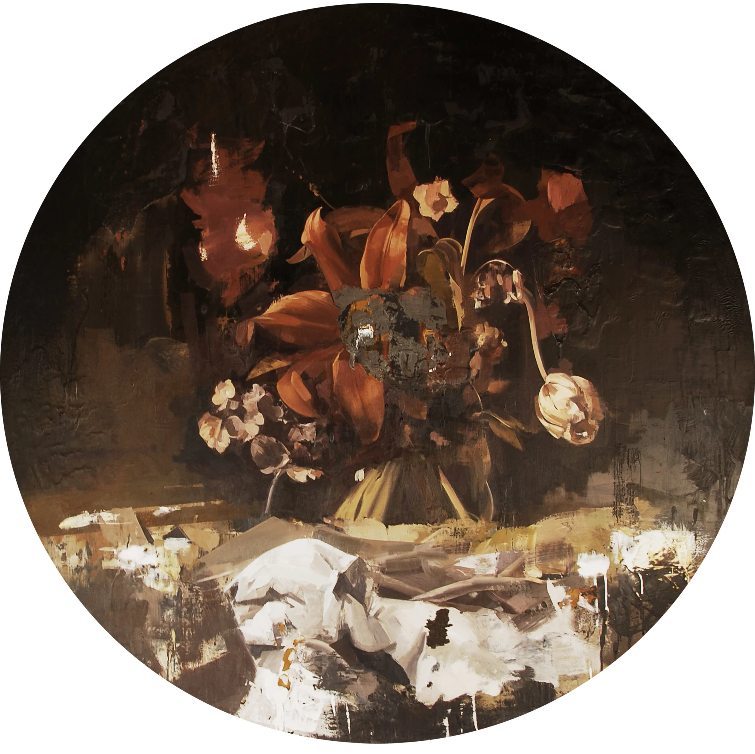 Lavish Flowers - 46 inch diameter- Encaustic,oil on linen copy.jpg