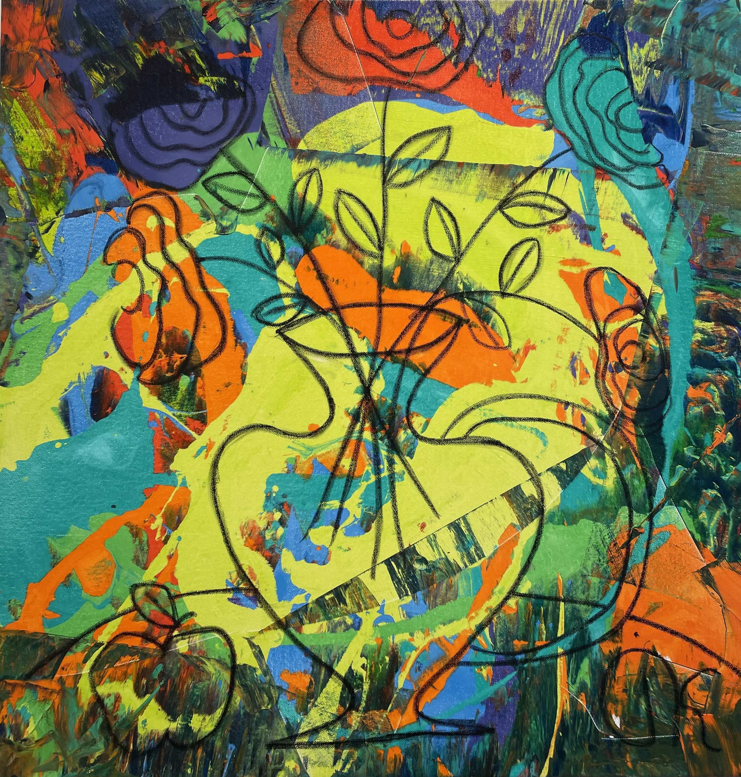 Orange Burst, Ik Stenko, 2024, acrylic and oil pastels on canvas, 78 x 75cm.jpg