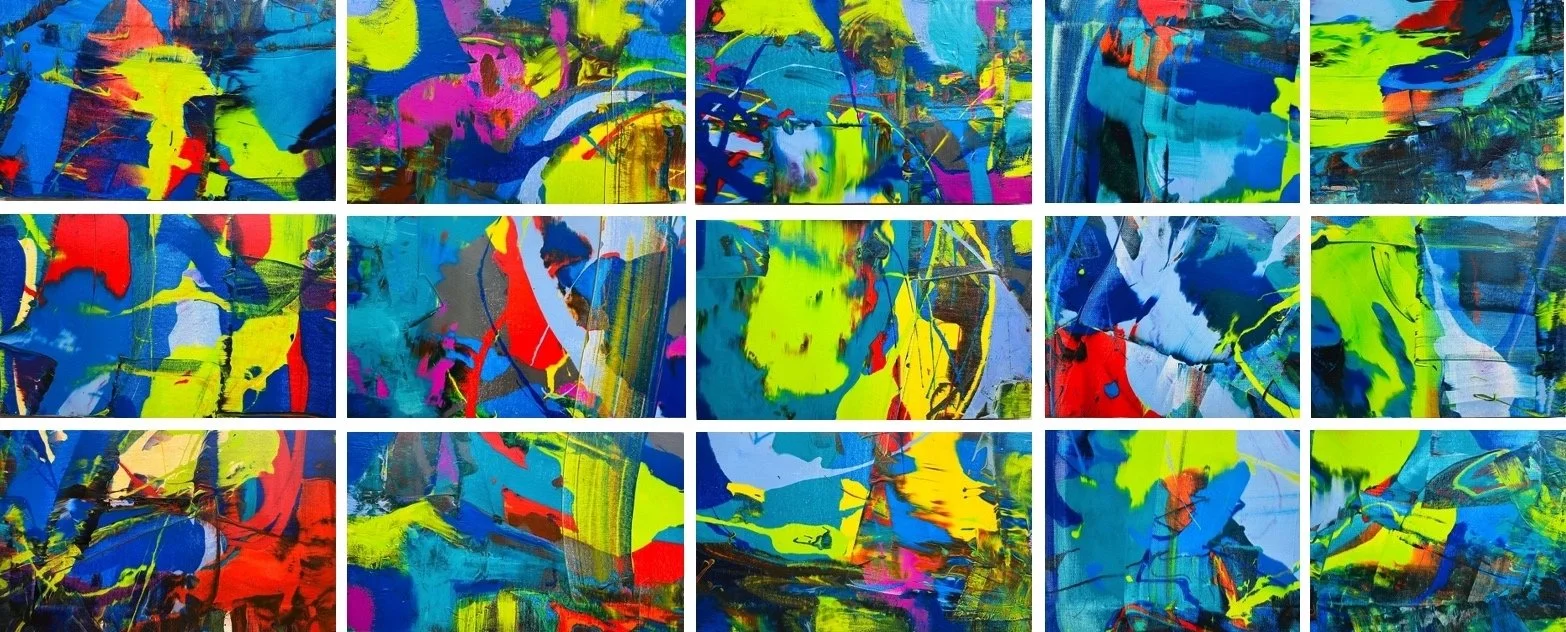 Resonance, Toma Stenko, 2024, 15 piece mosaic, acrlylic and glazing on canvas, nine pieces of 40 x 25cm; six pieces of 31 x 25cm, entire mosaic 200 x 100cm incl 3cm spacing between pieces, (horizontal flip).jpg