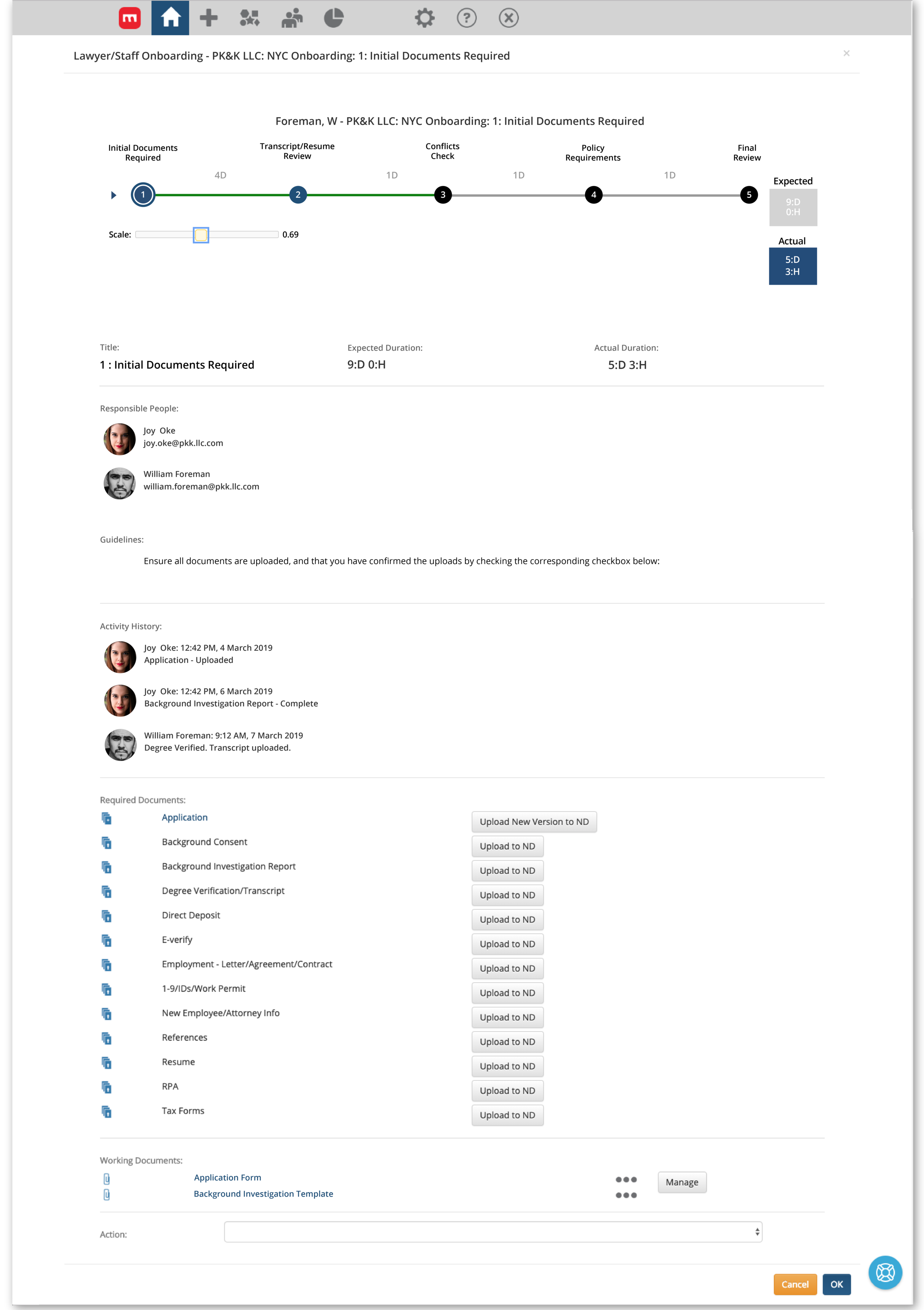 Expanded view of mot-r workflow step: Responsible People, activity history, required and working documents