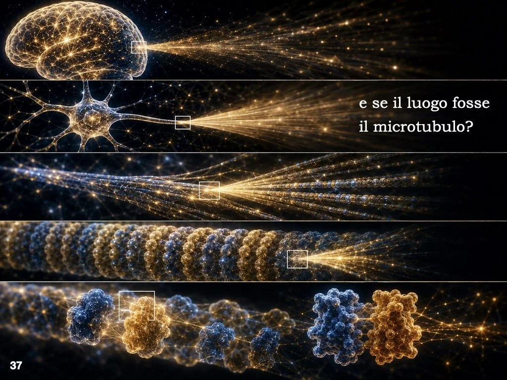 E se una parte del segreto della coscienza si trovasse dentro i neuroni?
Hameroff propose che i microtubuli non fossero soltanto strutture cellulari, ma potessero partecipare all’elaborazione dell’informazione.
Una rete microscopica presente in ogni 