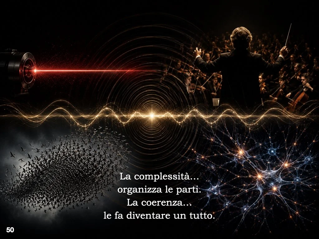 Un laser non è speciale perché contiene semplicemente più luce, ma perché i suoi fotoni presentano un elevato grado di coerenza.

Un’orchestra non diventa una sinfonia aggiungendo strumenti: serve coordinazione.

Uno stormo non è soltanto un insieme 