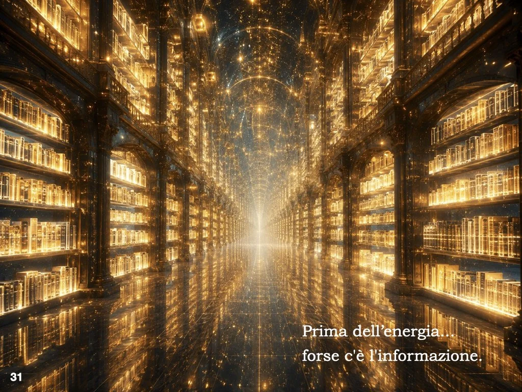 In fisica, informazione significa descrivere lo stato e le relazioni di un sistema.
Come i mattoni non bastano a definire una casa senza un progetto, materia ed energia da sole non descrivono tutta la struttura.
Anche il cervello opera attraverso con