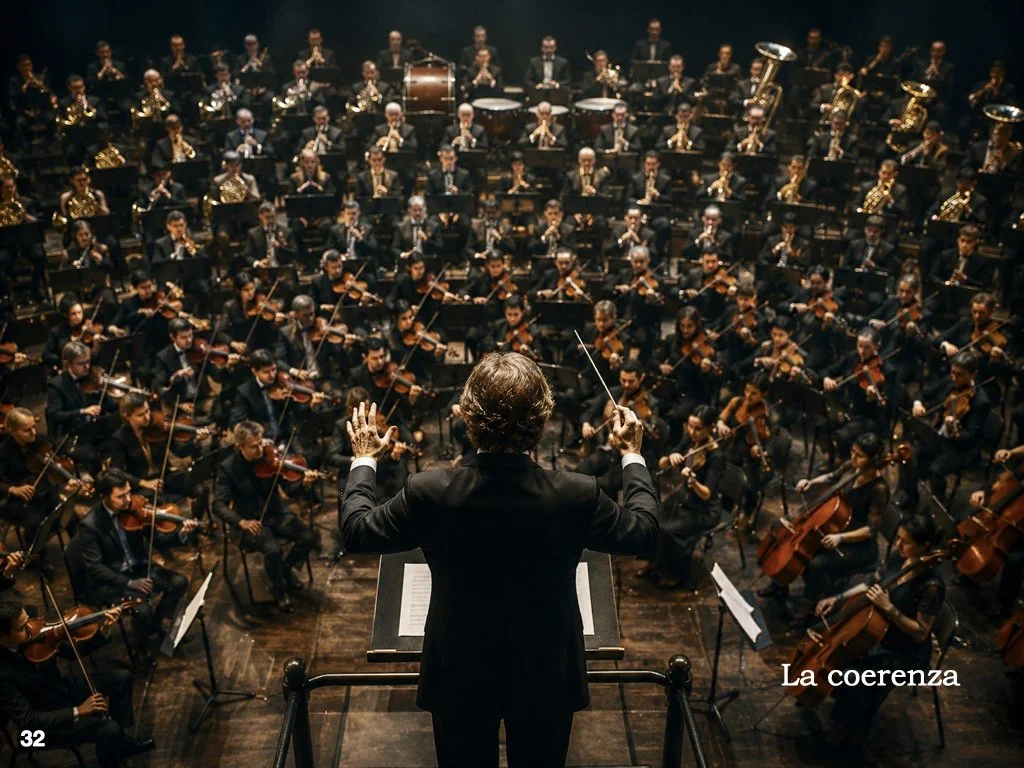 La coerenza è ciò che trasforma molti elementi in un unico sistema.
Come in un’orchestra, non conta soltanto il numero degli strumenti, ma il modo in cui riescono a coordinarsi.
Quando sistemi diversi oscillano in modo organizzato possono emergere pr