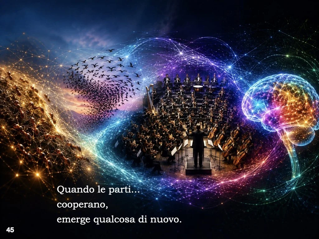 Quando le parti cooperano, emerge qualcosa di nuovo.

Una formica non è una colonia.
Un uccello non è uno stormo.
Un musicista non è una sinfonia.
Un neurone non è una mente.

Eppure, quando molti elementi interagiscono, si organizzano e cooperano, i