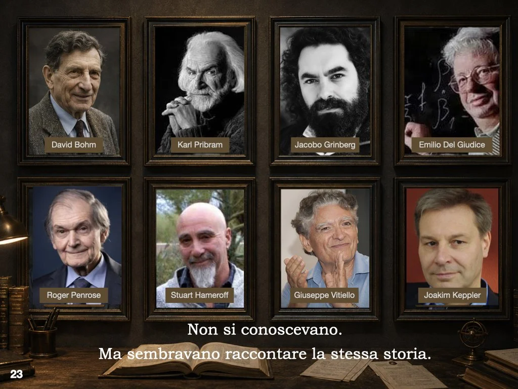 Bohm, Pribram, Grinberg, Del Giudice, Penrose, Hameroff, Vitiello, Keppler.
Ricercatori diversi, epoche diverse, discipline diverse e teorie che "non possono essere semplicemente sovrapposte". Eppure, leggendoli insieme, emergeva un filo che continua