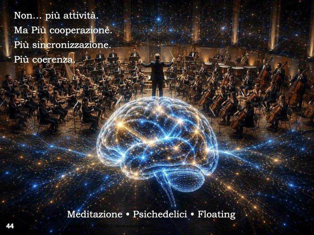 Meditazione profonda e alcuni stati non ordinari di coscienza mostrano un fenomeno affascinante: reti cerebrali distanti possono modificare il modo in cui comunicano e si coordinano.

Non significa che tutto il cervello faccia la stessa cosa.
Ogni ar
