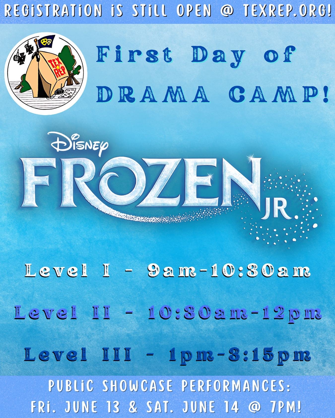 GOOD MORNING, DRAMA CAMPERS AND STAFF! 🎭⛺️

Let&rsquo;s have a GREAT first day! We can&rsquo;t wait to see you.

If you haven&rsquo;t registered yet, don&rsquo;t fret! Registration is still open! 

REGISTER NOW:
https://docs.google.com/forms/d/e/1FA