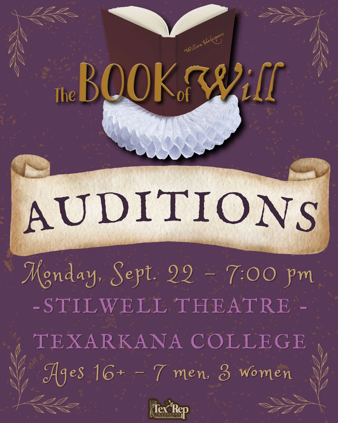 ⭐️ AUDITION NOTICE! ⭐️
Auditions for The Book of Will are MONDAY, SEPTEMBER 22nd at 7:00 PM.
Join us at the Stilwell Theatre at Texarkana College as we get ready to embark on our next adventure. 
The Book of Will
by Lauren Gunderson
An unforgetta