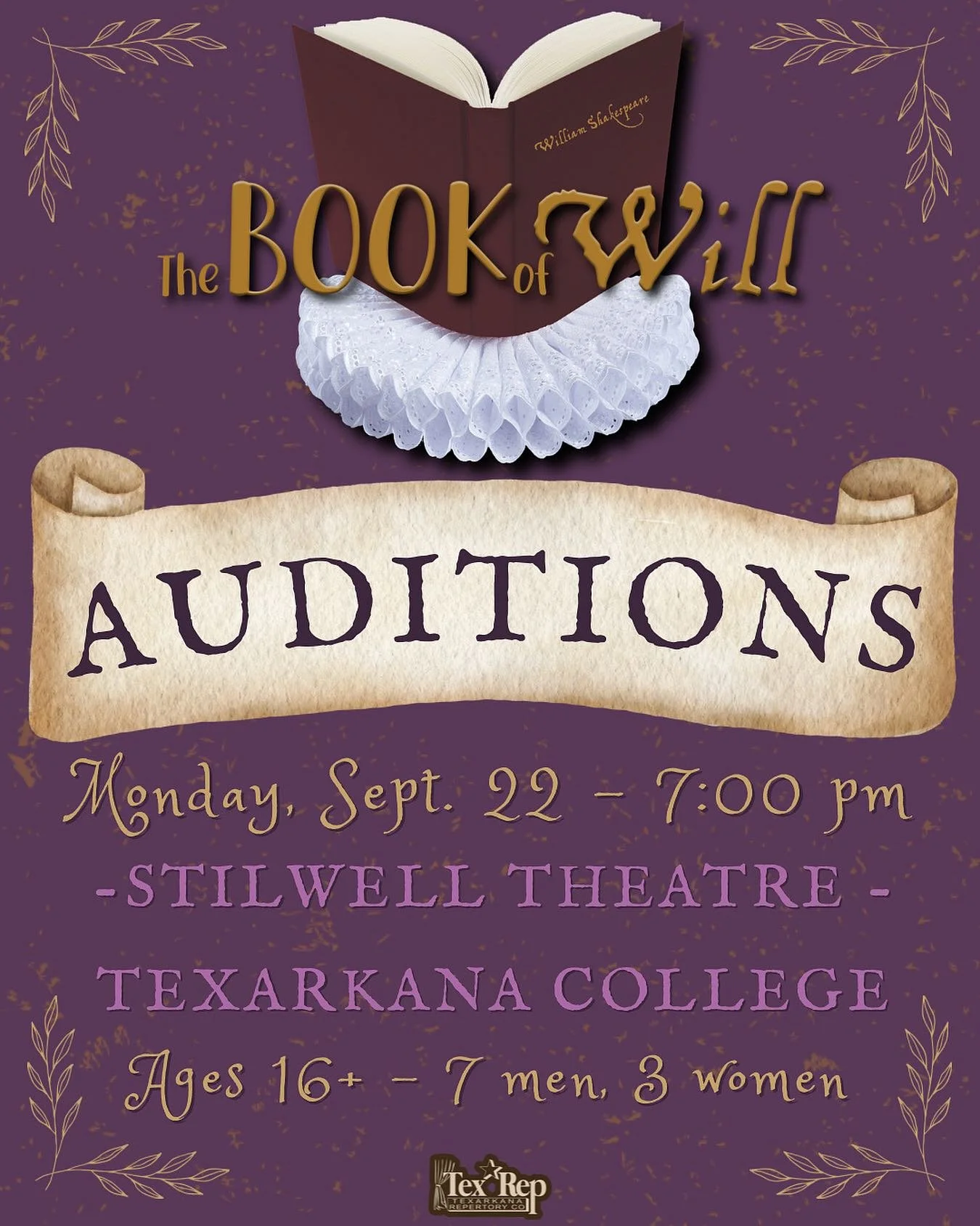 ⭐️ AUDITION NOTICE! ⭐️
Auditions for The Book of Will are TONIGHT— MONDAY, SEPTEMBER 22nd at 7:00 PM.
Join us at the Stilwell Theatre at Texarkana College as we get ready to embark on our next adventure. 
The Book of Will
by Lauren Gunderson
