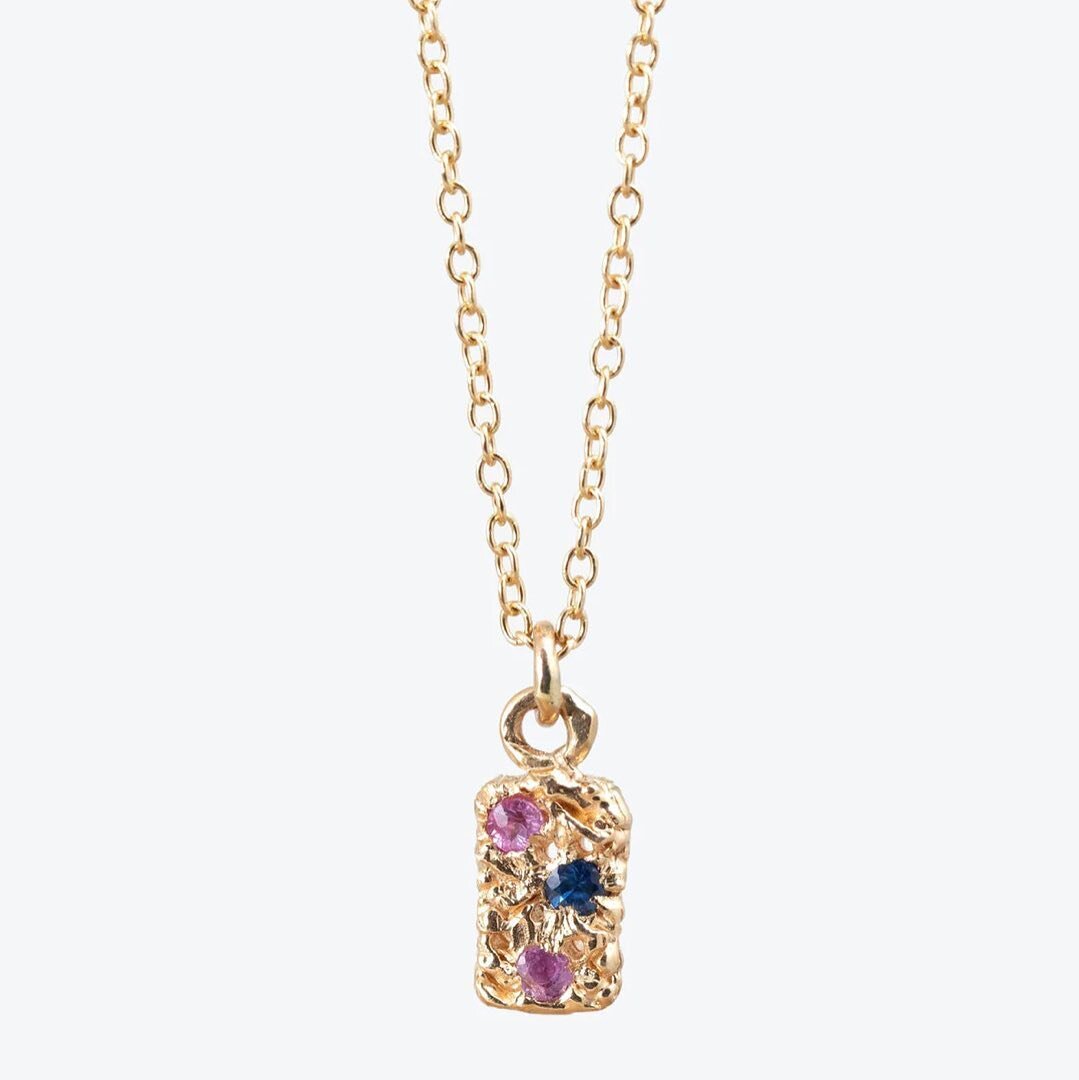 14kt Textured Rectangle Necklace, available in pink &amp; blue sapphires or trio of ethically-sourced diamonds. You can find these @abccarpetandhome