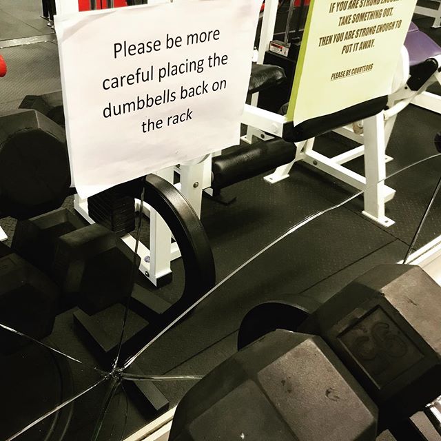At B-Strong on Martha&rsquo;s Vineyard: &ldquo;Please be more careful placing the dumbbells back on the rack.&rdquo; The sign next to it reads, &ldquo;If you are strong enough to take something out, you are strong enough to put it away.&rdquo;
.
#sna