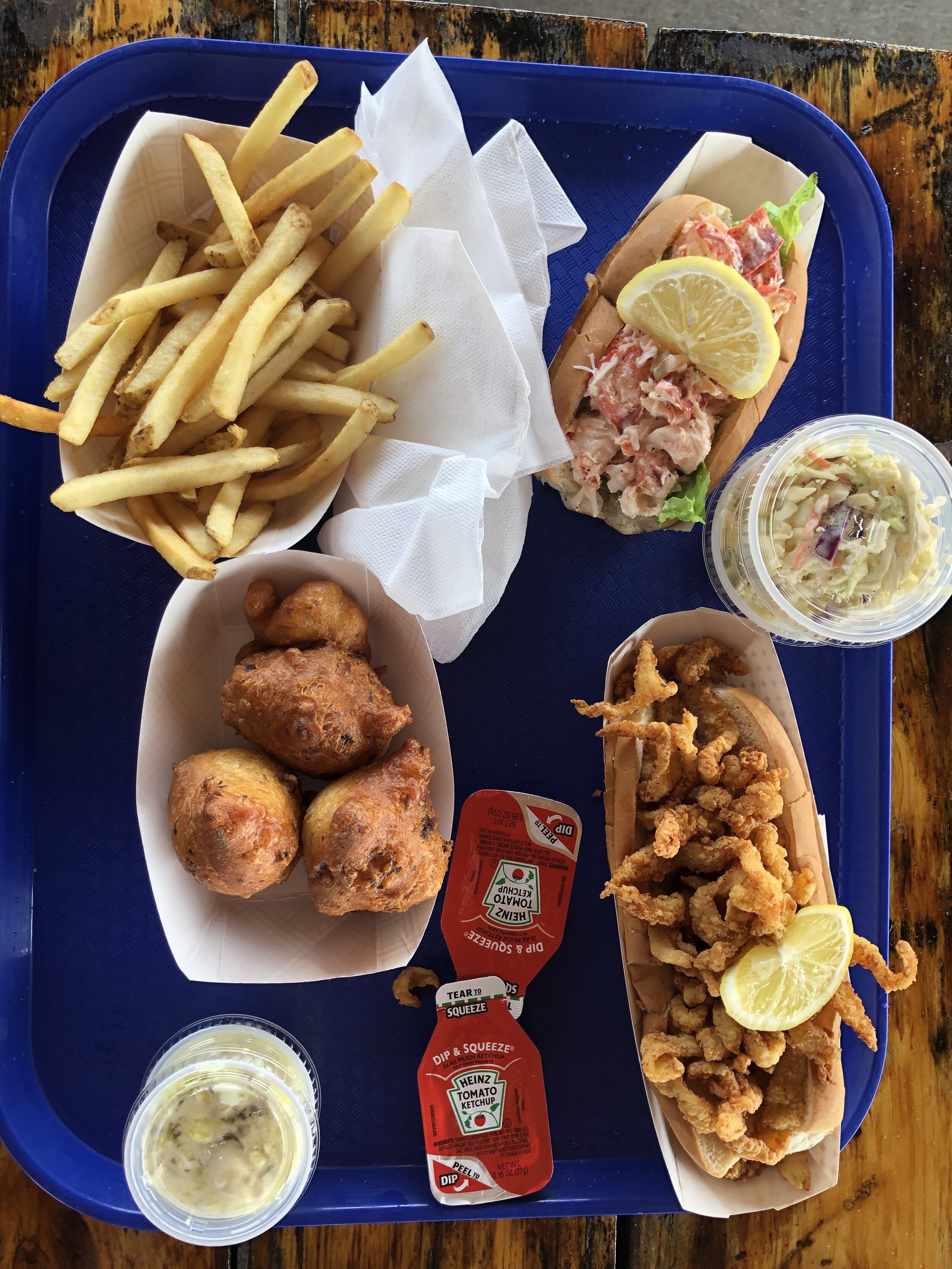 Clam roll, clam fritters, lobster roll, slaw