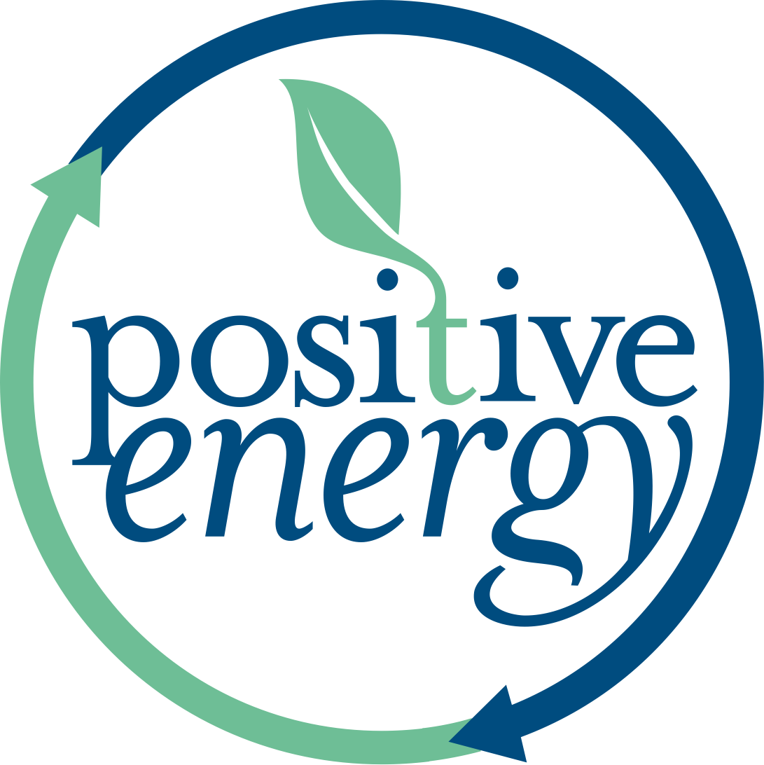 A logo with the words "positive energy" surrounded by a circular arrow and a leaf, symbolizing eco-friendly, renewable energy and sustainability.