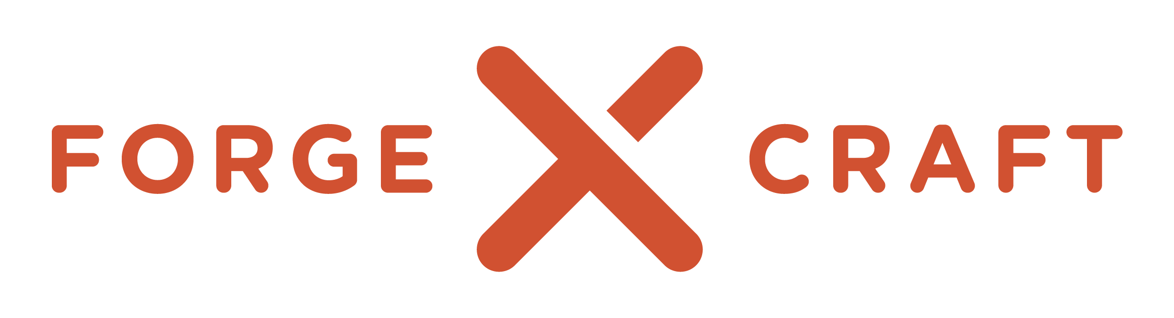 Logo for Forge Craft featuring the words 'Forge' and 'Craft' separated by a stylized X in the middle, all in a rust color.