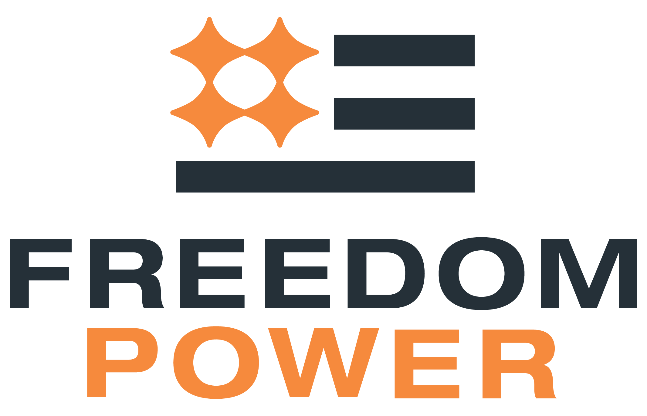 Logo with an abstract star or snowflake shape in orange, three horizontal dark gray bars, and the words "FREEDOM POWER" with "FREEDOM" in dark gray and "POWER" in orange.
