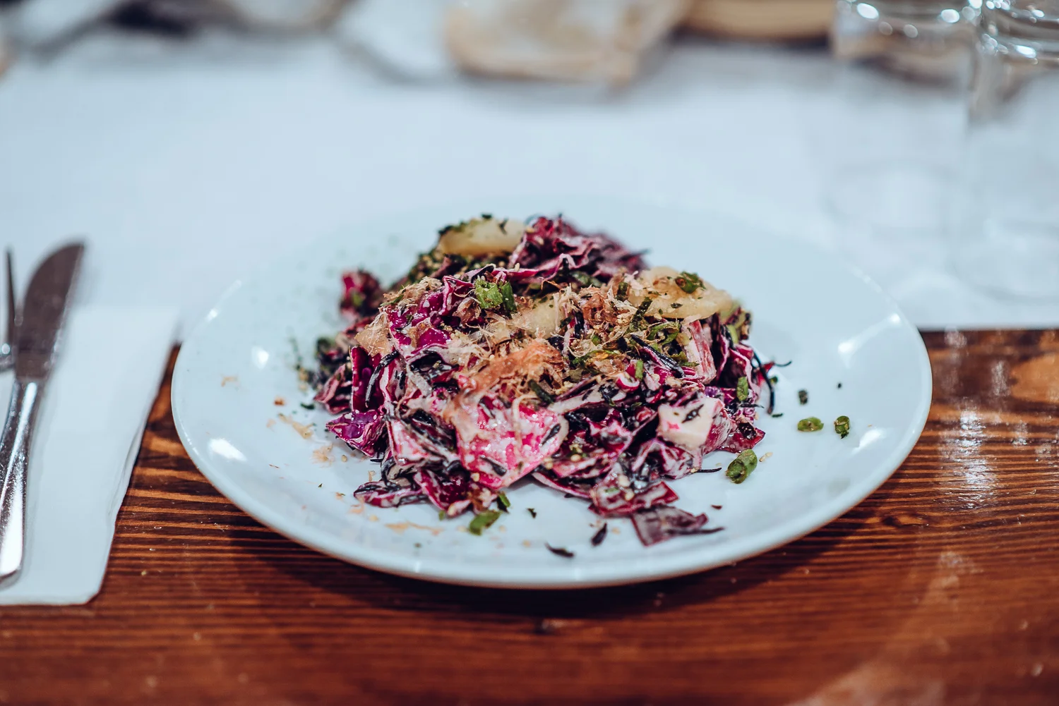 Salad: hijiki, cabbage, fried mochi, anchovy, sesame, bonito, scallion. Photo by Steven Acres