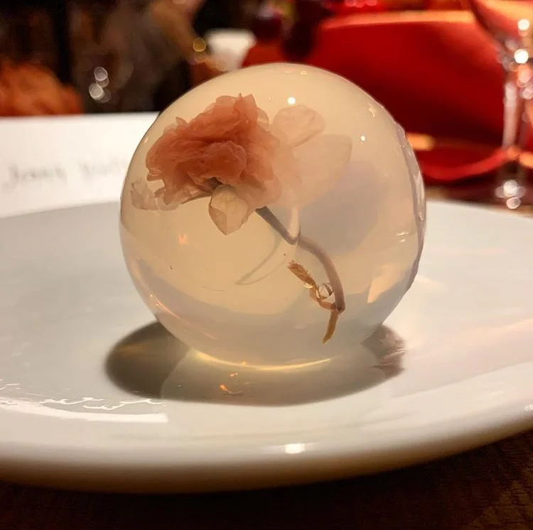 Pickled sakura flower raindrop cake for Carolina Herrera “Coral Blossom” dinner at NeueHouse in collaboration with Farfetch. Photo by Jenny Walton.